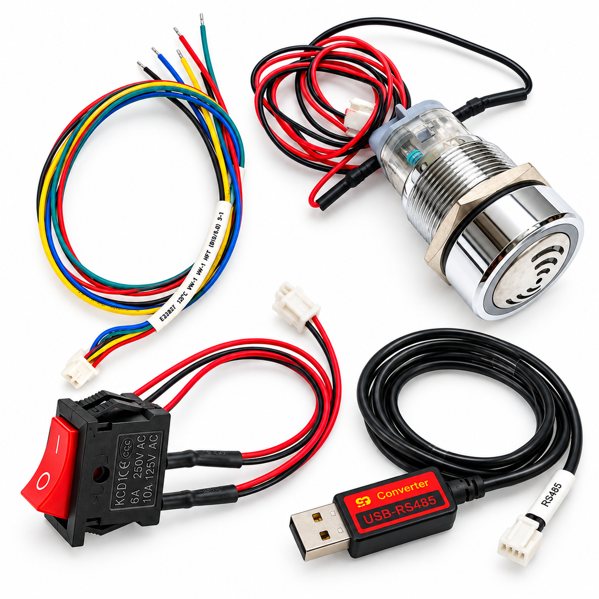 DALY Smart BMS accessories including key switch, cable, buzzer and USB-RS485 converter